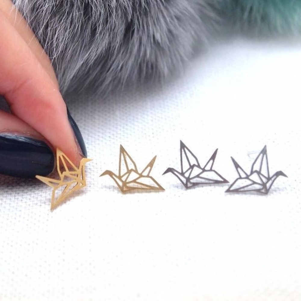 Silver Stainless Steel Origami Paper Crane Laser Cut Stud Earrings - Brand New! - Picture 2 of 8